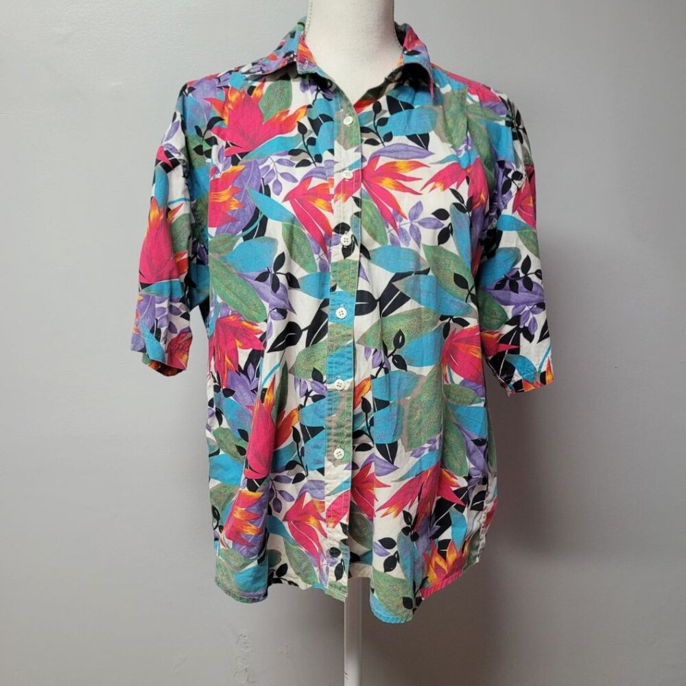 Woolrich Woman Floral‎ Shirt Button Down Medium Vintage Collared Short Sleeve